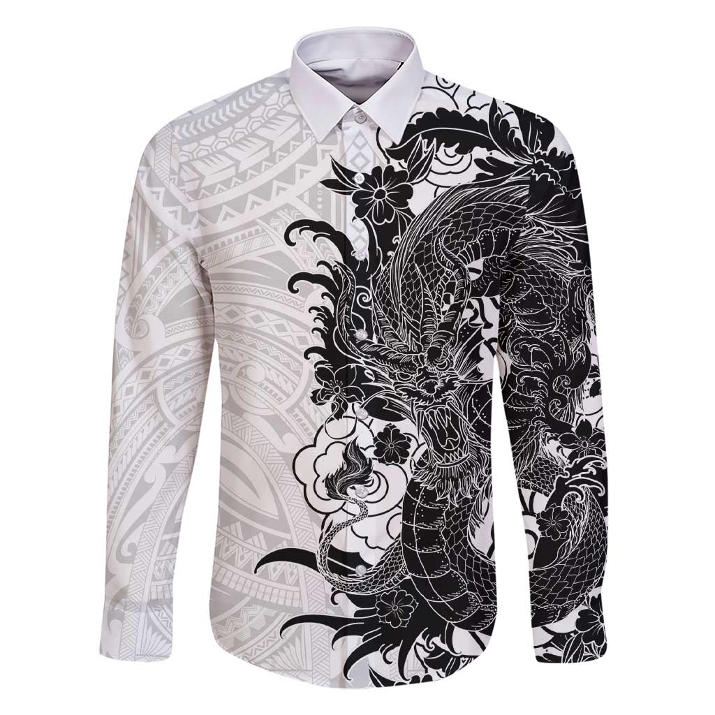 Hawaiian And Japanese Culture Family Matching Short Sleeve Bodycon Dress and Hawaiian Shirt Irezumi Dragon With Polynesian Pattern White - Polynesian Pride