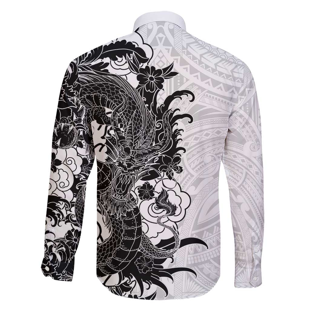 Hawaiian And Japanese Culture Family Matching Short Sleeve Bodycon Dress and Hawaiian Shirt Irezumi Dragon With Polynesian Pattern White - Polynesian Pride