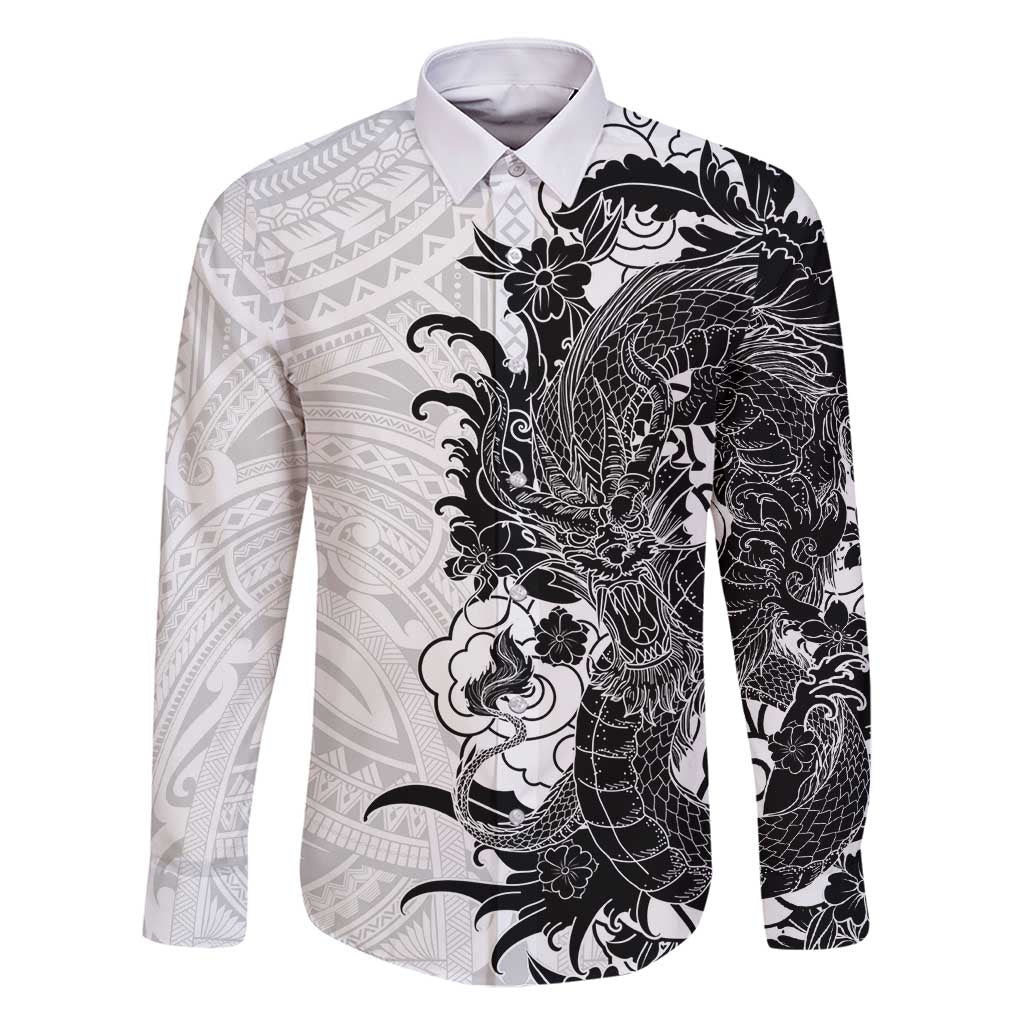 Hawaiian And Japanese Culture Family Matching Summer Maxi Dress and Hawaiian Shirt Irezumi Dragon With Polynesian Pattern White - Polynesian Pride