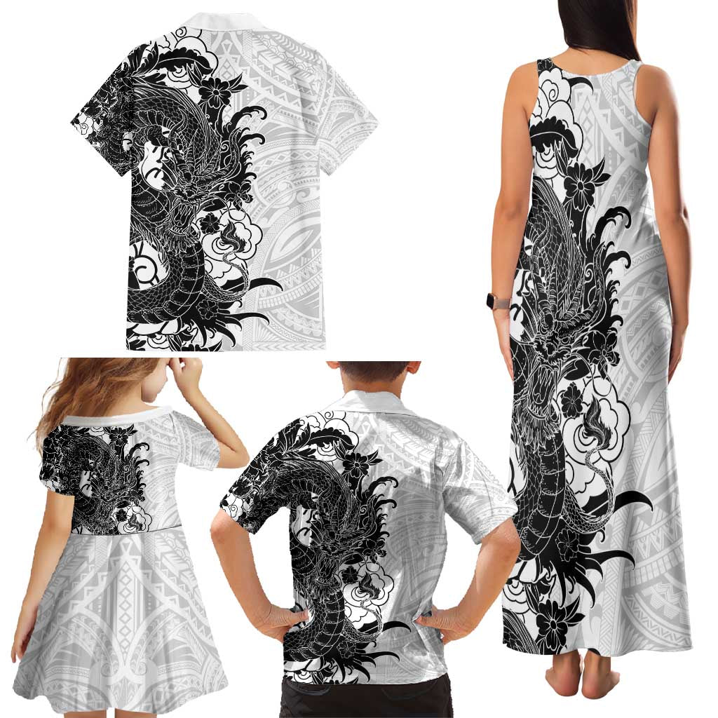 Hawaiian And Japanese Culture Family Matching Tank Maxi Dress and Hawaiian Shirt Irezumi Dragon With Polynesian Pattern White - Polynesian Pride