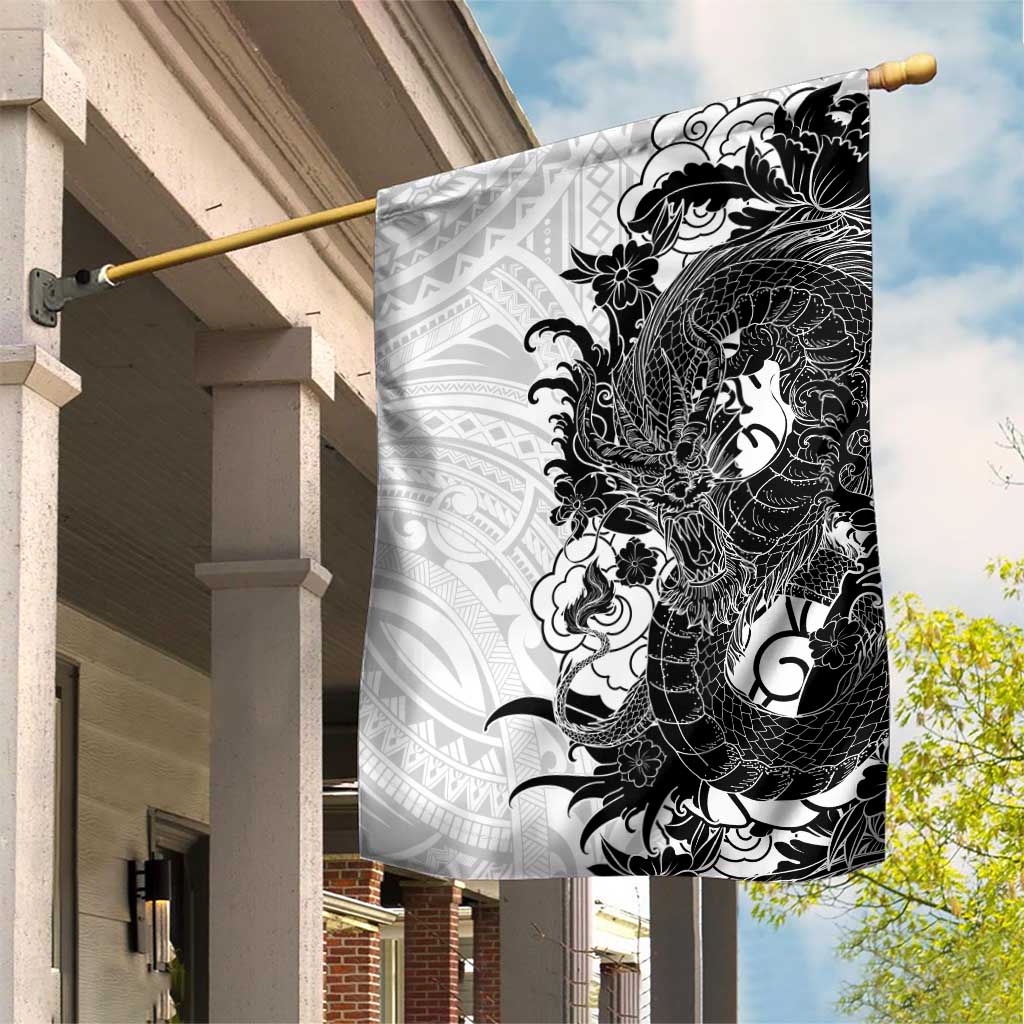 Hawaiian And Japanese Culture Garden Flag Irezumi Dragon With Polynesian Pattern White LT05 House Flag White - Polynesian Pride