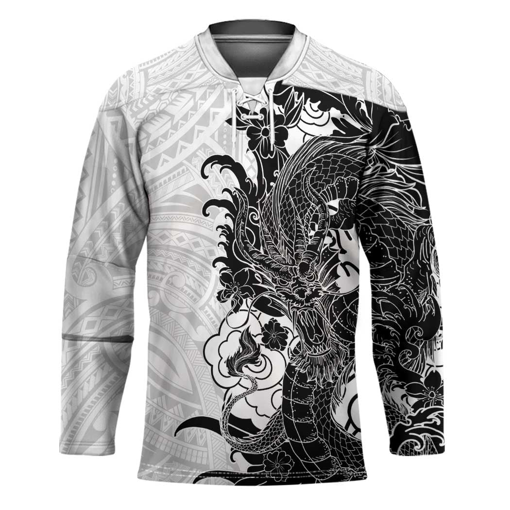 Hawaiian And Japanese Culture Hockey Jersey Irezumi Dragon With Polynesian Pattern White LT05 Unisex White - Polynesian Pride
