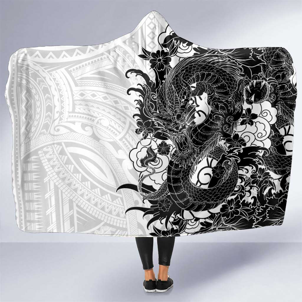 Hawaiian And Japanese Culture Hooded Blanket Irezumi Dragon With Polynesian Pattern White - Polynesian Pride
