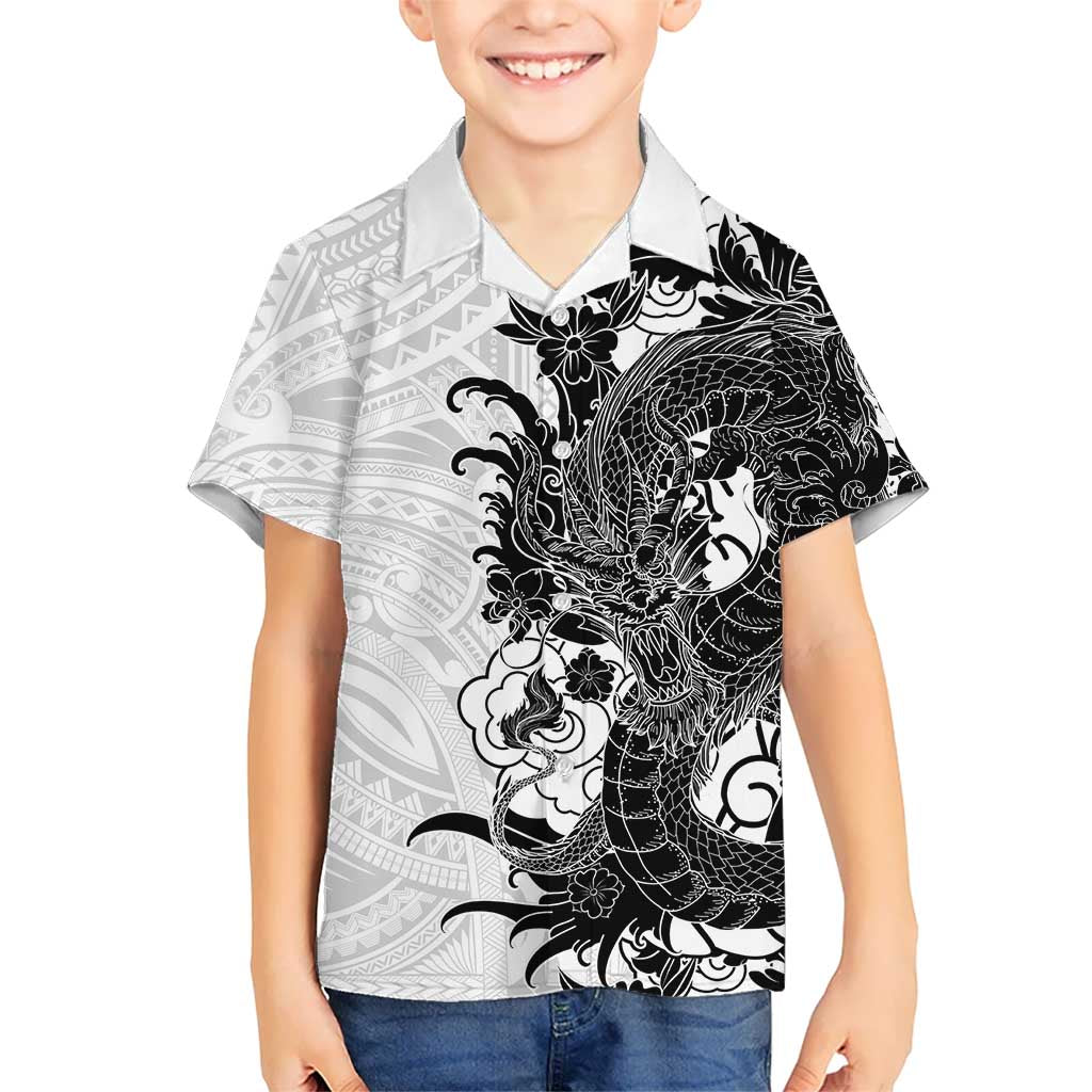 Hawaiian And Japanese Culture Kid Hawaiian Shirt Irezumi Dragon With Polynesian Pattern White LT05 Kid White - Polynesian Pride