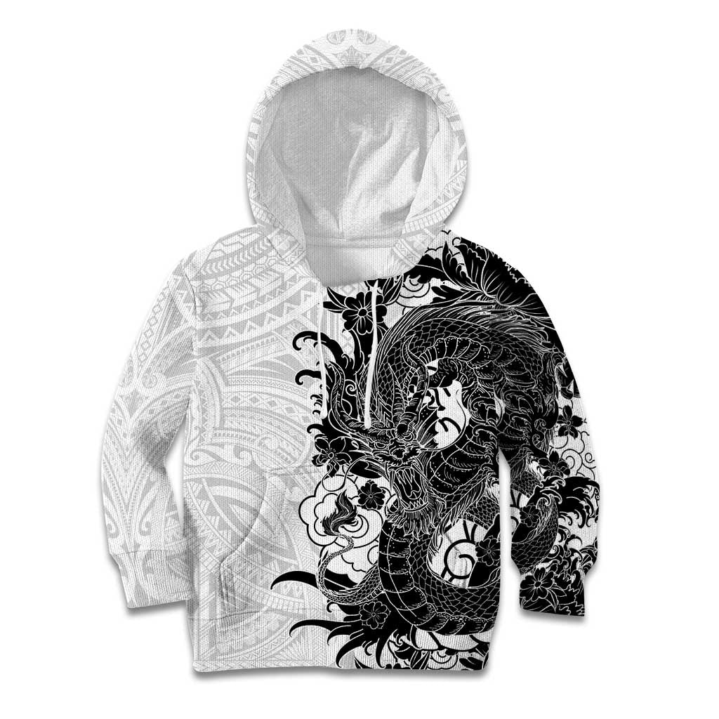 Hawaiian And Japanese Culture Kid Hoodie Irezumi Dragon With Polynesian Pattern White - Polynesian Pride