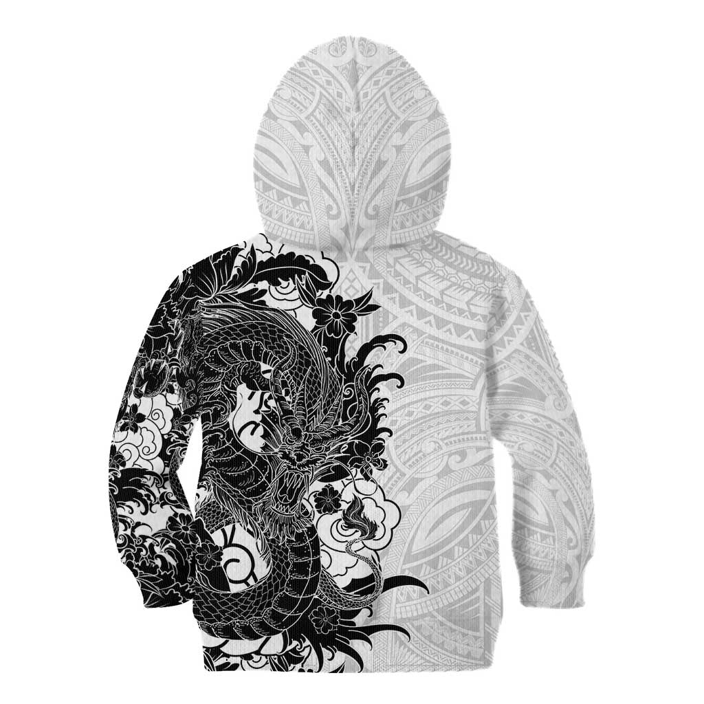 Hawaiian And Japanese Culture Kid Hoodie Irezumi Dragon With Polynesian Pattern White - Polynesian Pride