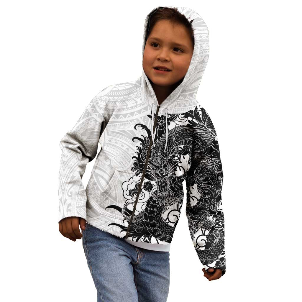 Hawaiian And Japanese Culture Kid Hoodie Irezumi Dragon With Polynesian Pattern White - Polynesian Pride