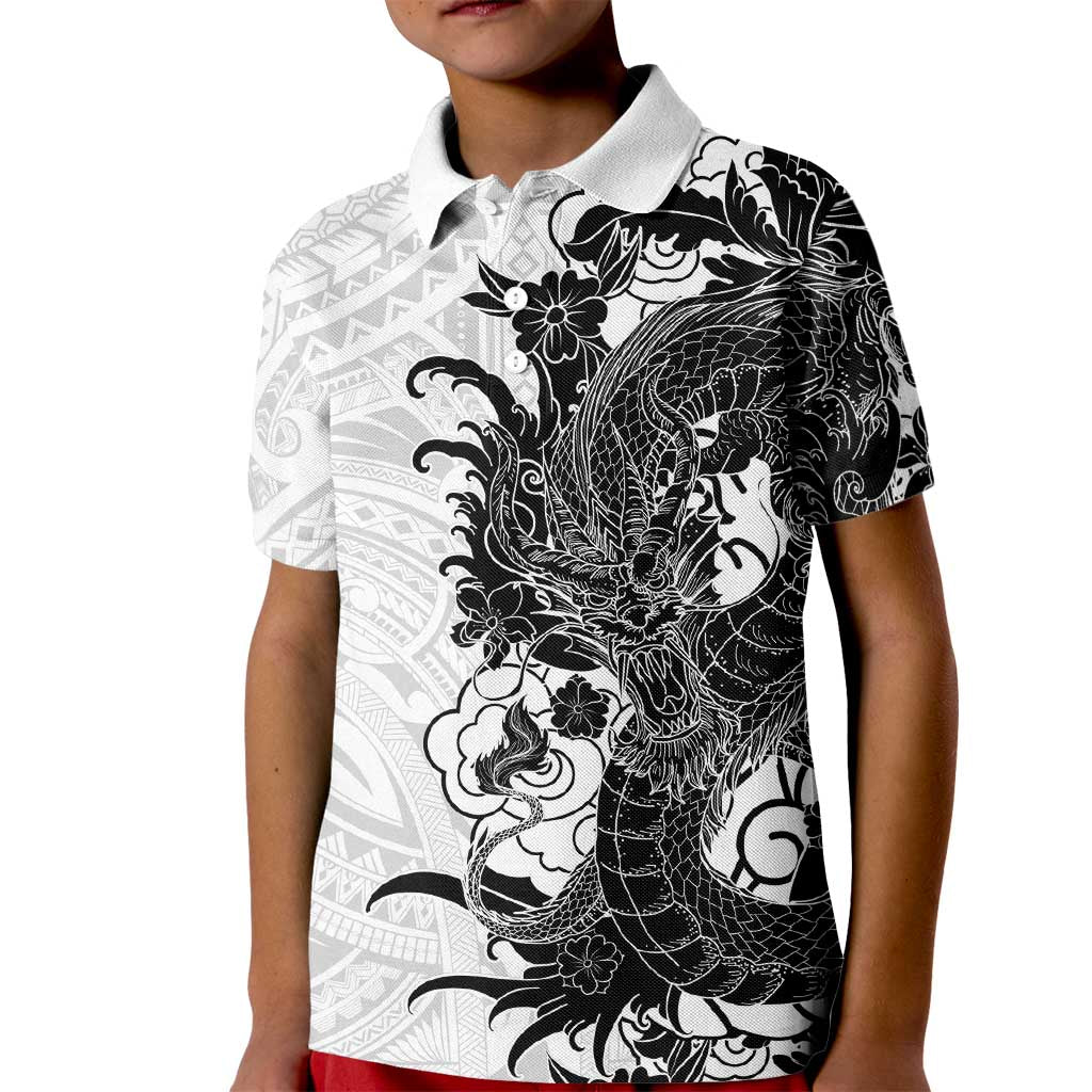 Hawaiian And Japanese Culture Kid Polo Shirt Irezumi Dragon With Polynesian Pattern White LT05 Kid White - Polynesian Pride
