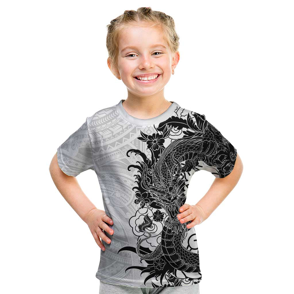 Hawaiian And Japanese Culture Kid T Shirt Irezumi Dragon With Polynesian Pattern White LT05 White - Polynesian Pride