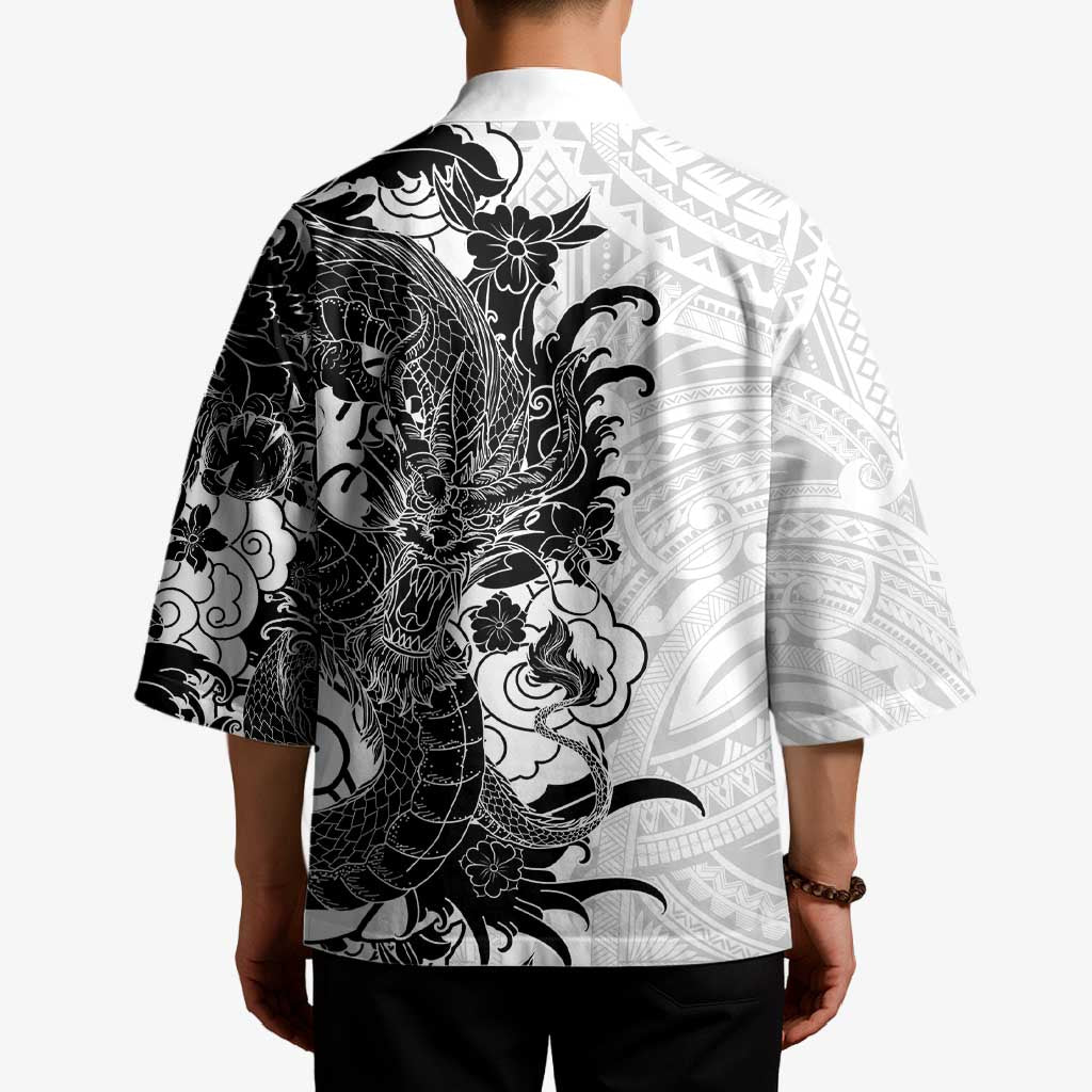 Hawaiian And Japanese Culture Kimono Irezumi Dragon With Polynesian Pattern White LT05 - Polynesian Pride