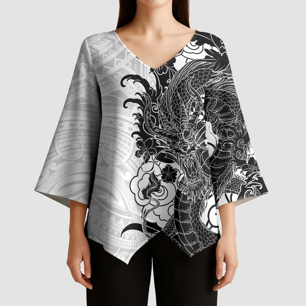 Hawaiian And Japanese Culture Kimono Sleeve Blouse Irezumi Dragon With Polynesian Pattern White - Polynesian Pride