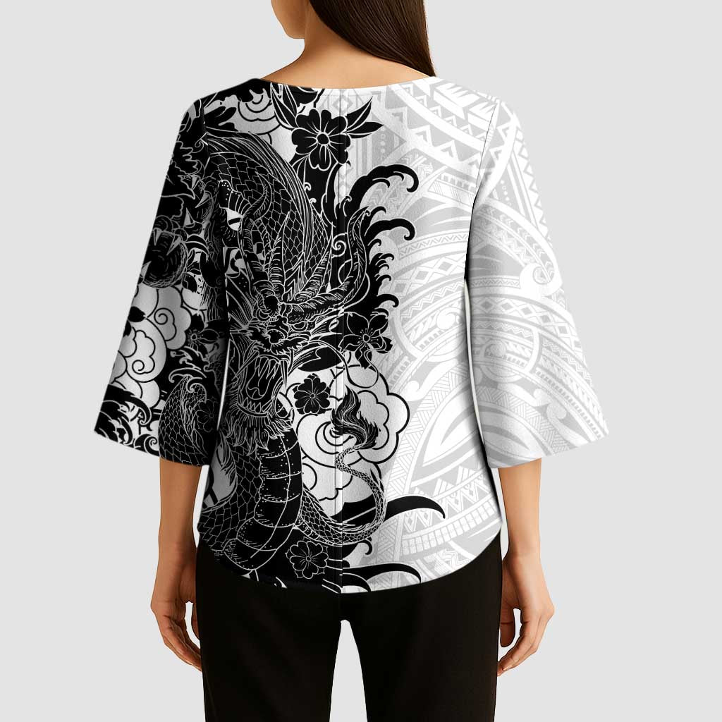 Hawaiian And Japanese Culture Kimono Sleeve Blouse Irezumi Dragon With Polynesian Pattern White - Polynesian Pride