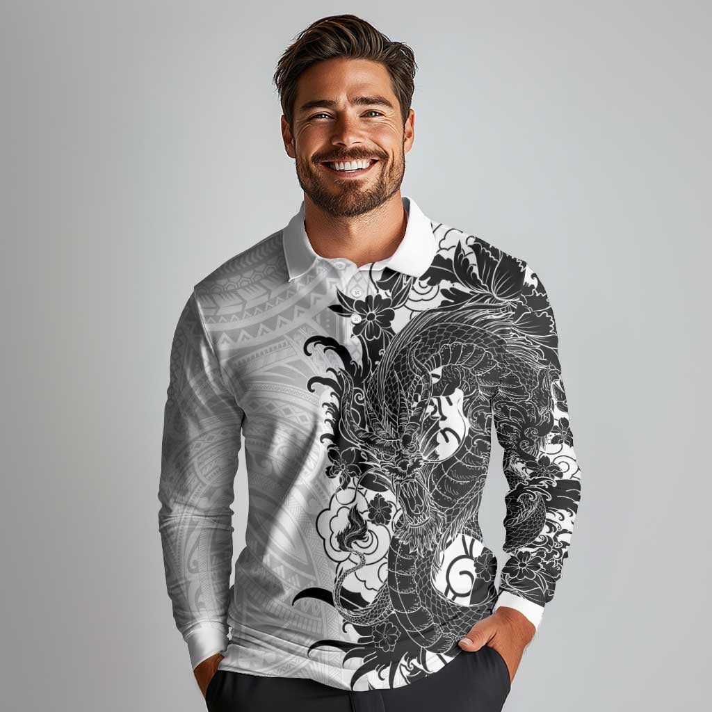 Hawaiian And Japanese Culture Long Sleeve Polo Shirt Irezumi Dragon With Polynesian Pattern White - Polynesian Pride