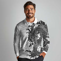 Hawaiian And Japanese Culture Long Sleeve Polo Shirt Irezumi Dragon With Polynesian Pattern White - Polynesian Pride