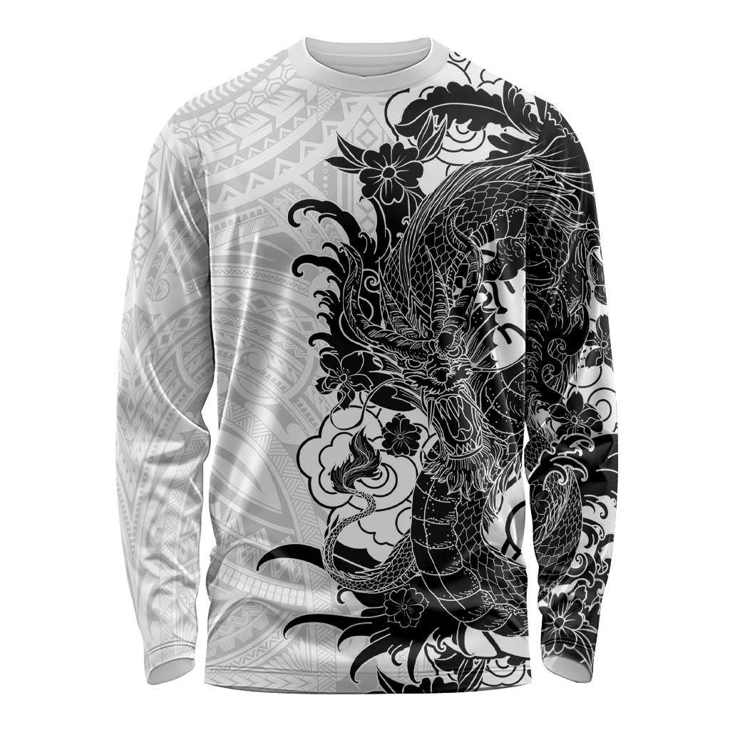 Hawaiian And Japanese Culture Long Sleeve Shirt Irezumi Dragon With Polynesian Pattern White - Polynesian Pride
