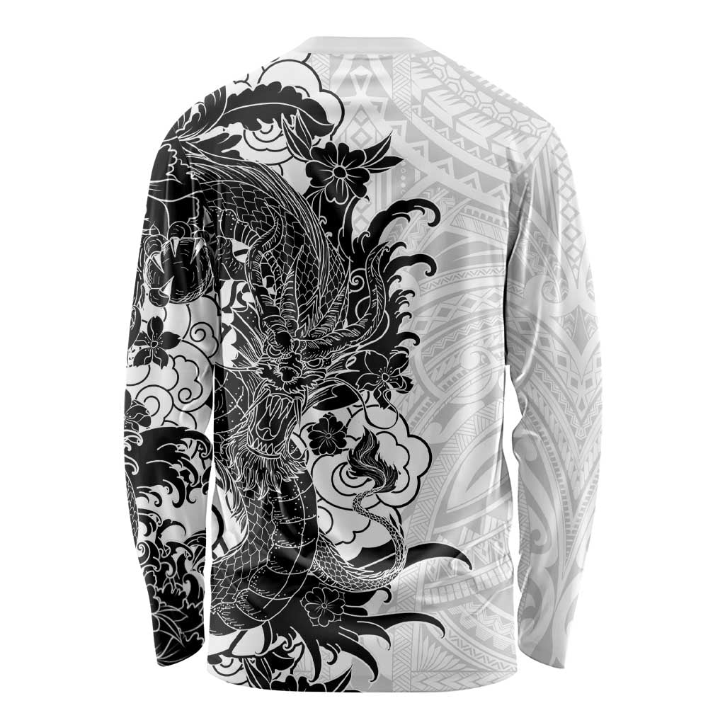 Hawaiian And Japanese Culture Long Sleeve Shirt Irezumi Dragon With Polynesian Pattern White - Polynesian Pride