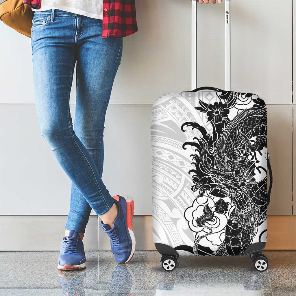 Hawaiian And Japanese Culture Luggage Cover Irezumi Dragon With Polynesian Pattern White - Polynesian Pride