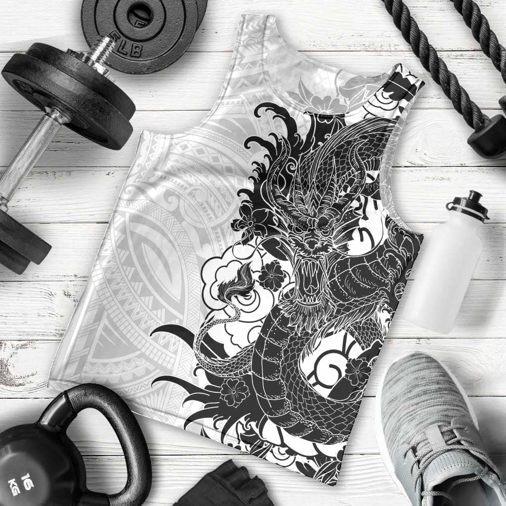 Hawaiian And Japanese Culture Men Tank Top Irezumi Dragon With Polynesian Pattern White - Polynesian Pride