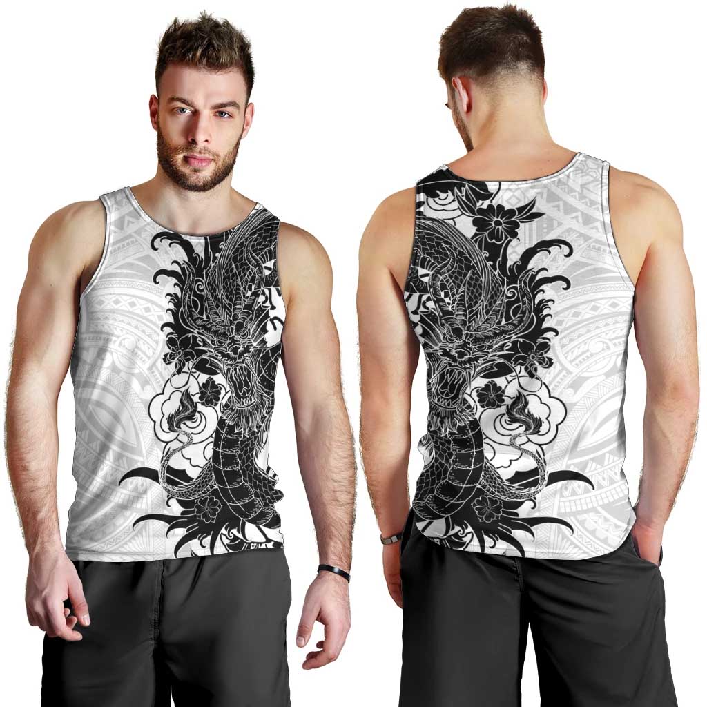 Hawaiian And Japanese Culture Men Tank Top Irezumi Dragon With Polynesian Pattern White - Polynesian Pride