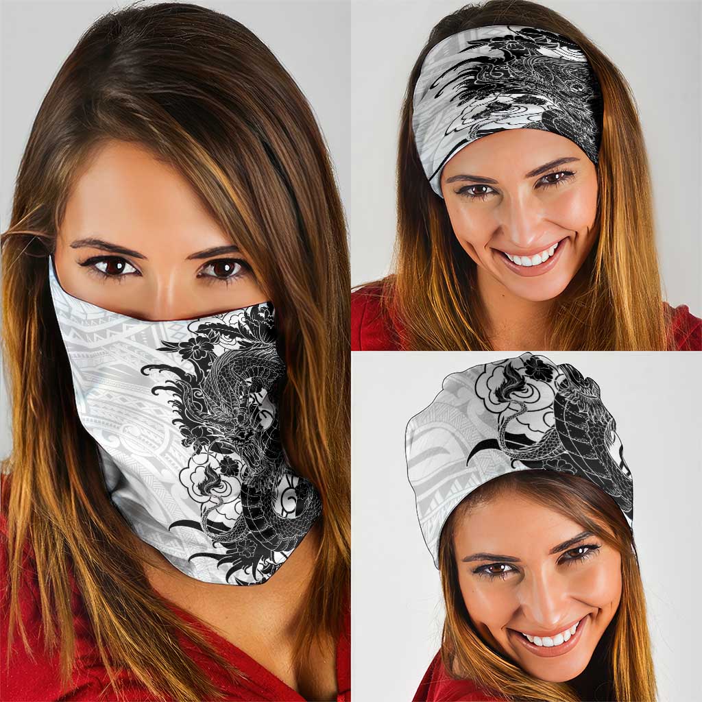 Hawaiian And Japanese Culture Neck Gaiter Irezumi Dragon With Polynesian Pattern White - Polynesian Pride