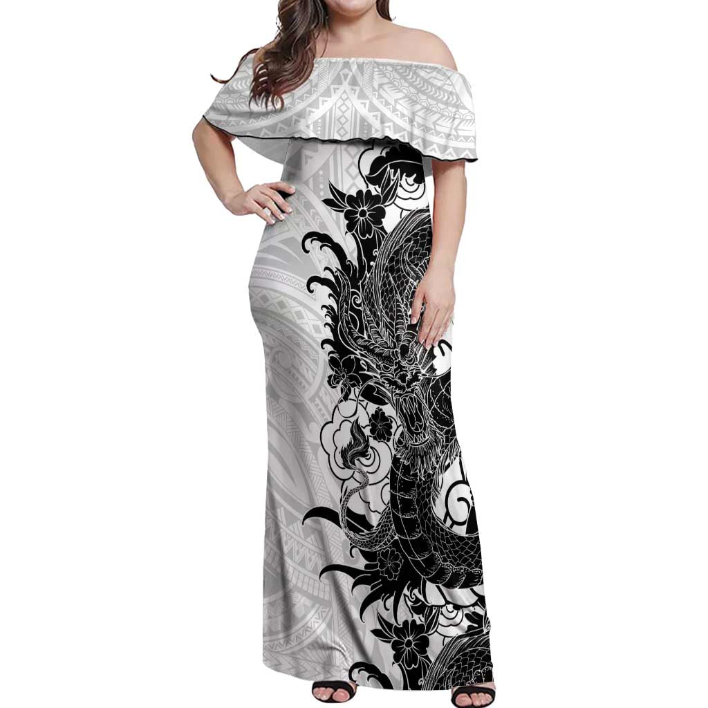 Hawaiian And Japanese Culture Off Shoulder Maxi Dress Irezumi Dragon With Polynesian Pattern White - Polynesian Pride