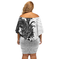 Hawaiian And Japanese Culture Off Shoulder Short Dress Irezumi Dragon With Polynesian Pattern White - Polynesian Pride