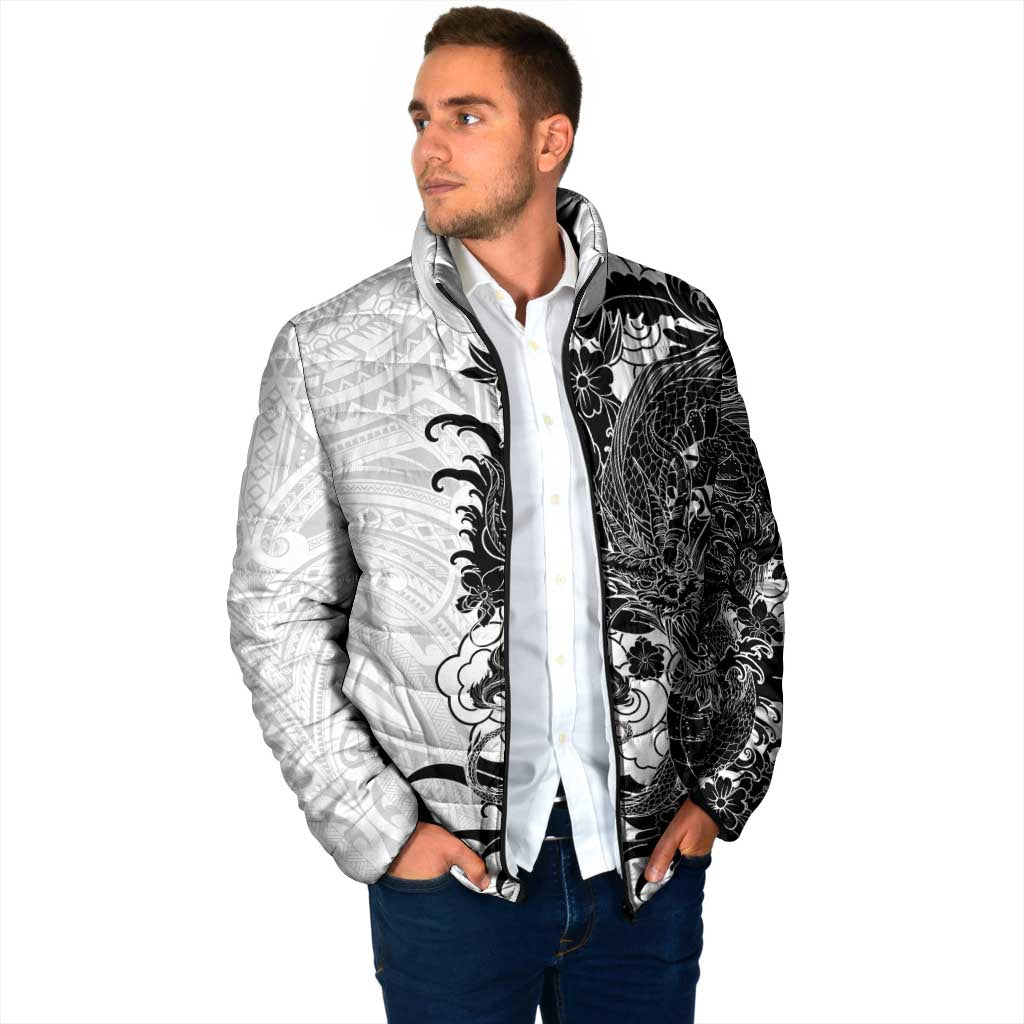 Hawaiian And Japanese Culture Padded Jacket Irezumi Dragon With Polynesian Pattern White - Polynesian Pride
