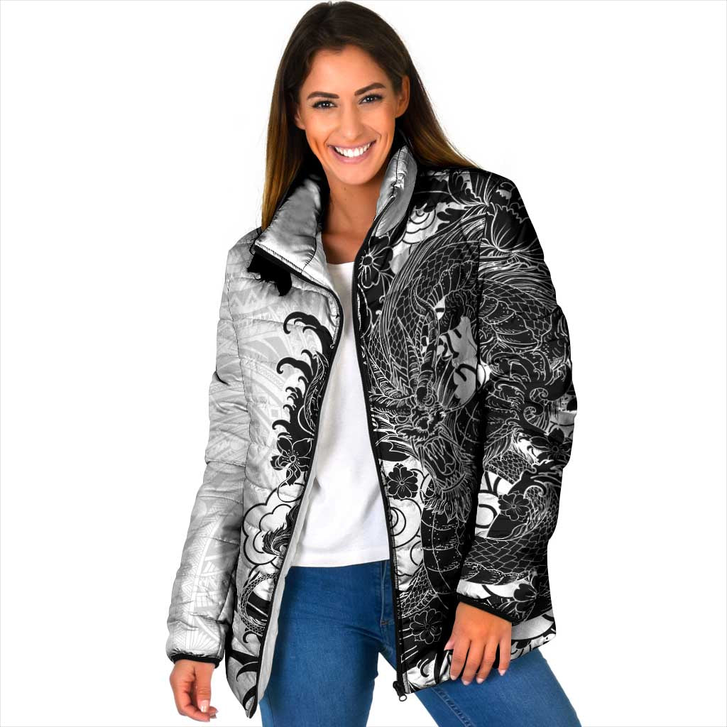 Hawaiian And Japanese Culture Padded Jacket Irezumi Dragon With Polynesian Pattern White - Polynesian Pride