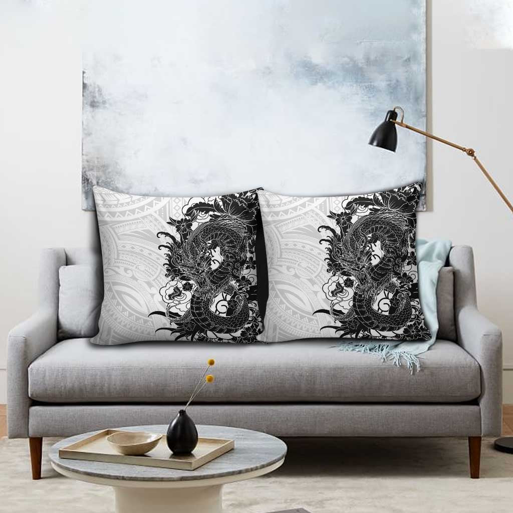 Hawaiian And Japanese Culture Pillow Cover Irezumi Dragon With Polynesian Pattern White - Polynesian Pride