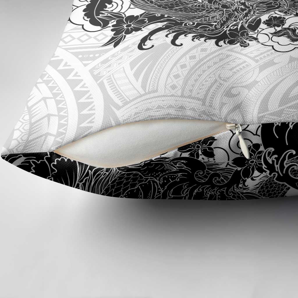 Hawaiian And Japanese Culture Pillow Cover Irezumi Dragon With Polynesian Pattern White - Polynesian Pride