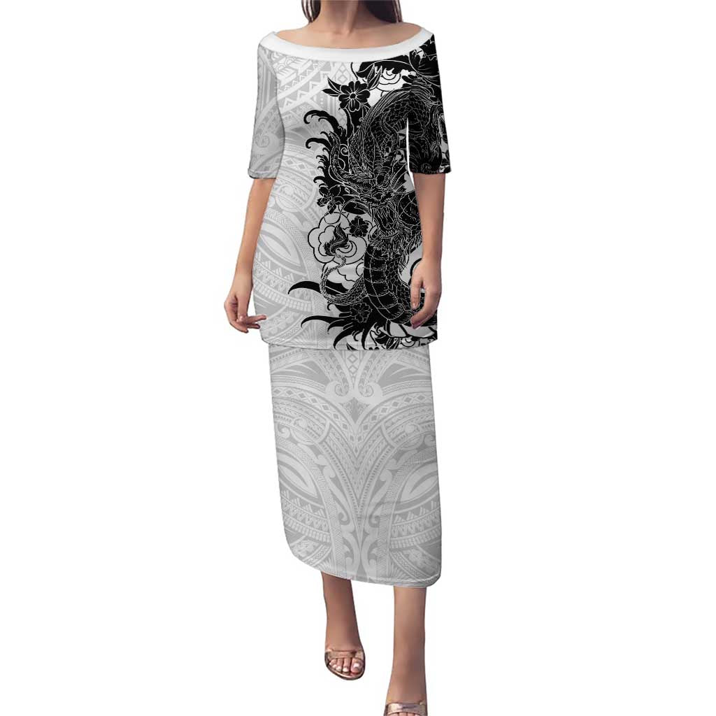 Hawaiian And Japanese Culture Puletasi Irezumi Dragon With Polynesian Pattern White LT05 Long Dress White - Polynesian Pride