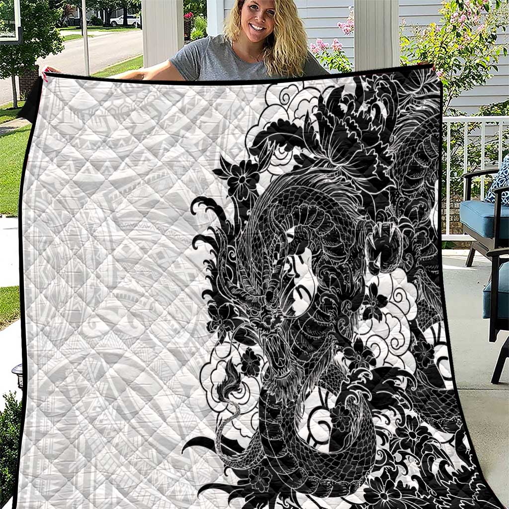 Hawaiian And Japanese Culture Quilt Irezumi Dragon With Polynesian Pattern White - Polynesian Pride
