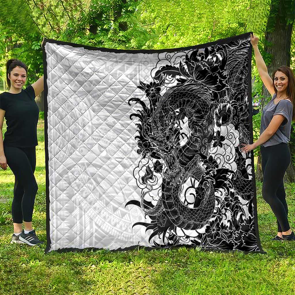 Hawaiian And Japanese Culture Quilt Irezumi Dragon With Polynesian Pattern White - Polynesian Pride