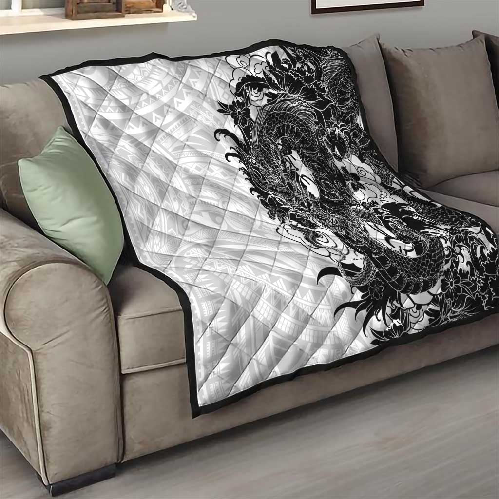 Hawaiian And Japanese Culture Quilt Irezumi Dragon With Polynesian Pattern White - Polynesian Pride
