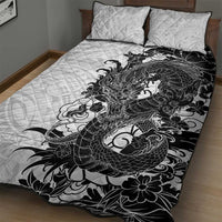 Hawaiian And Japanese Culture Quilt Bed Set Irezumi Dragon With Polynesian Pattern White - Polynesian Pride