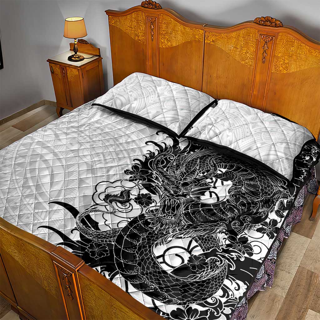 Hawaiian And Japanese Culture Quilt Bed Set Irezumi Dragon With Polynesian Pattern White - Polynesian Pride