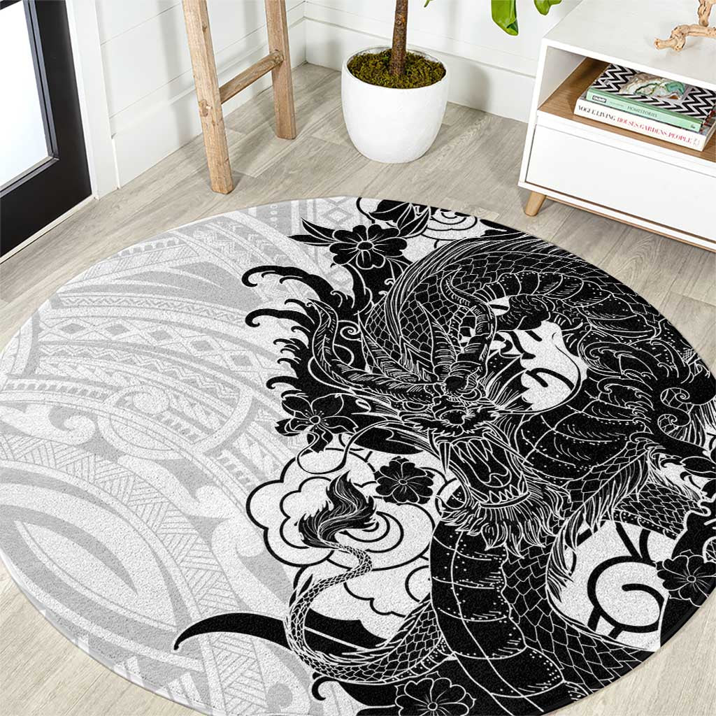 Hawaiian And Japanese Culture Round Carpet Irezumi Dragon With Polynesian Pattern White LT05 White - Polynesian Pride