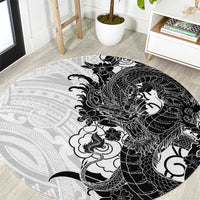 Hawaiian And Japanese Culture Round Carpet Irezumi Dragon With Polynesian Pattern White - Polynesian Pride