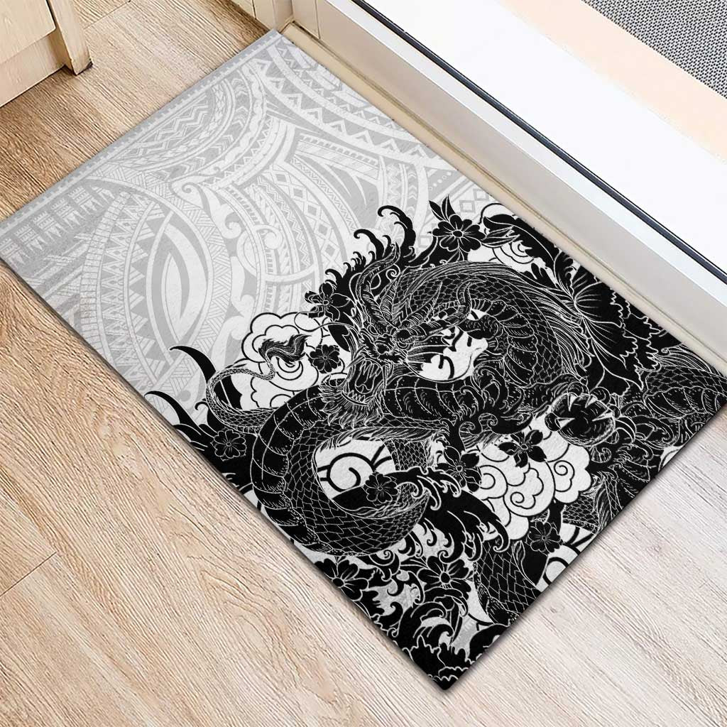 Hawaiian And Japanese Culture Rubber Doormat Irezumi Dragon With Polynesian Pattern White - Polynesian Pride