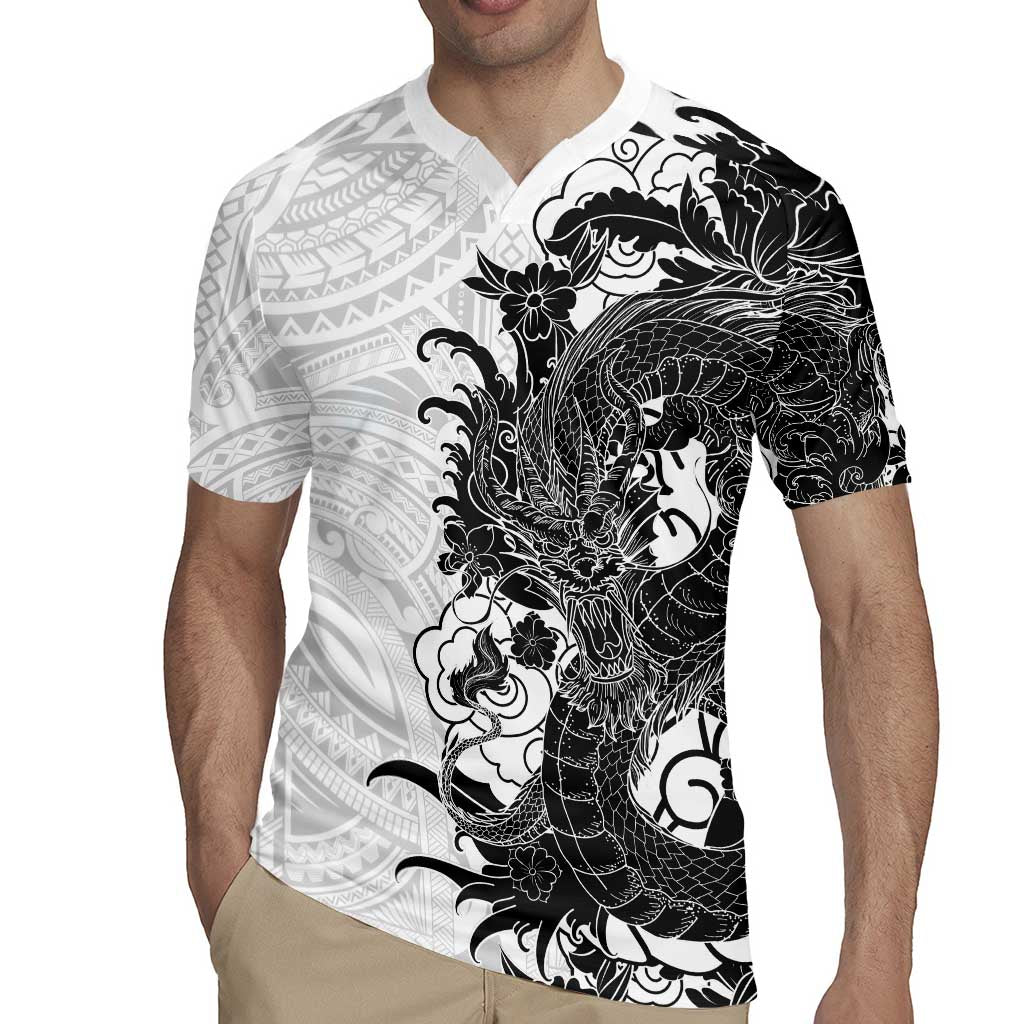 Hawaiian And Japanese Culture Rugby Jersey Irezumi Dragon With Polynesian Pattern White - Polynesian Pride