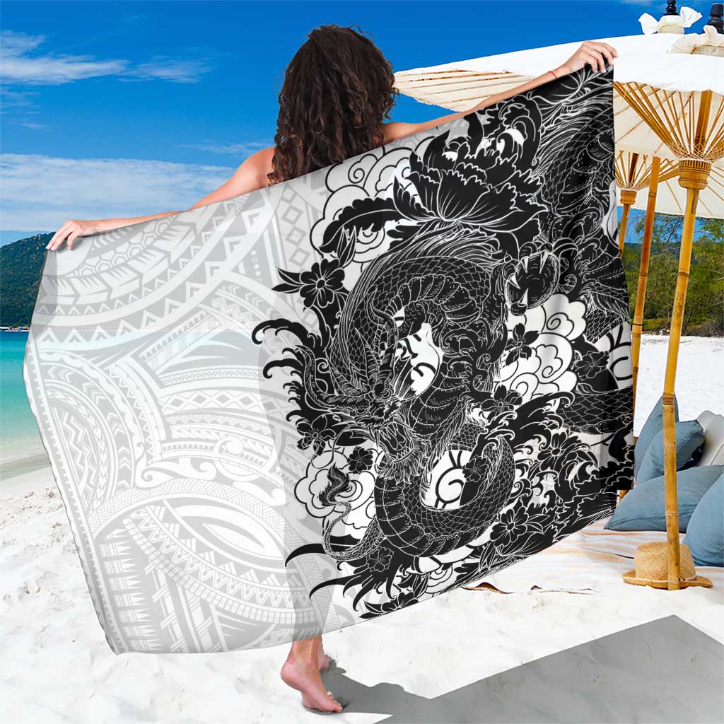 Hawaiian And Japanese Culture Sarong Irezumi Dragon With Polynesian Pattern White LT05 One Size 44 x 66 inches White - Polynesian Pride