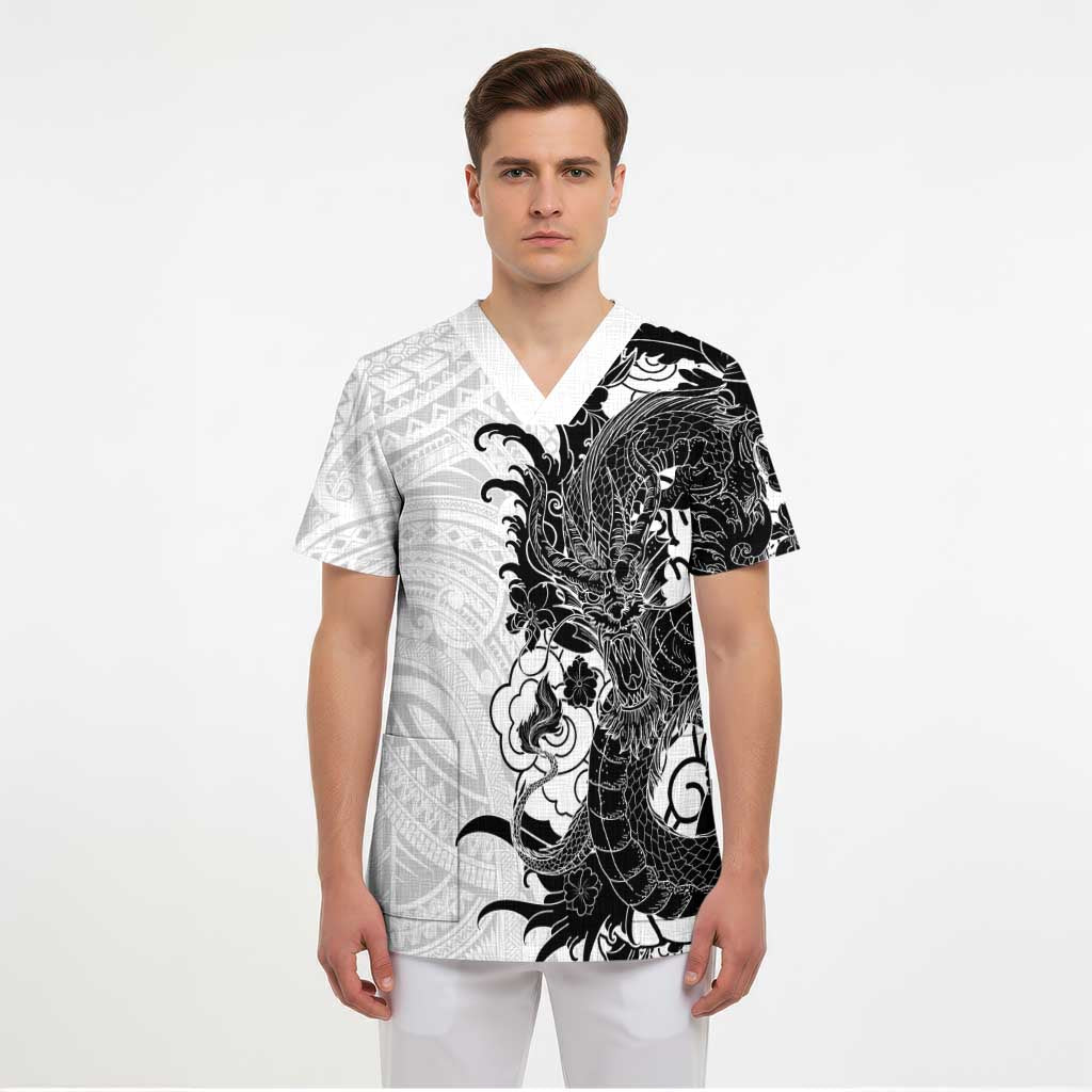 Hawaiian And Japanese Culture Scrub Top Irezumi Dragon With Polynesian Pattern White - Polynesian Pride