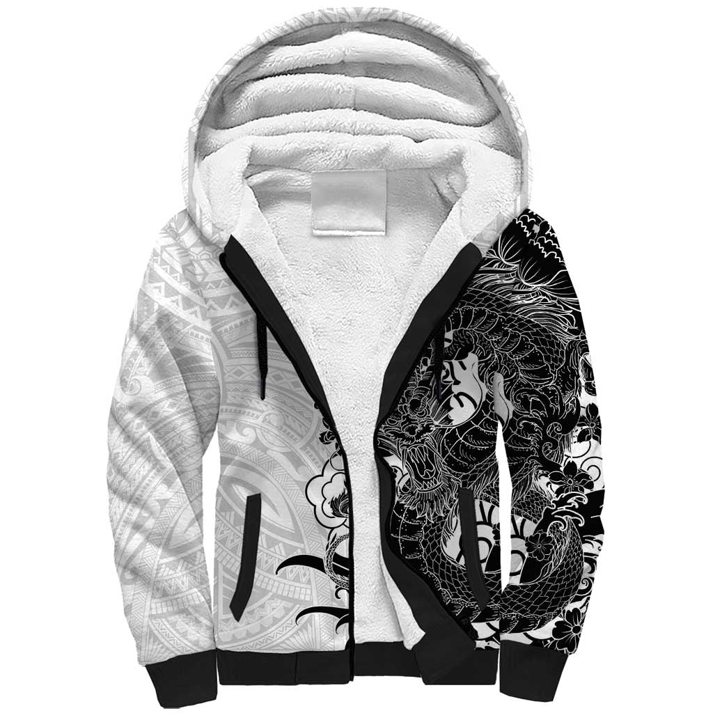 Hawaiian And Japanese Culture Sherpa Hoodie Irezumi Dragon With Polynesian Pattern White LT05 Unisex White - Polynesian Pride