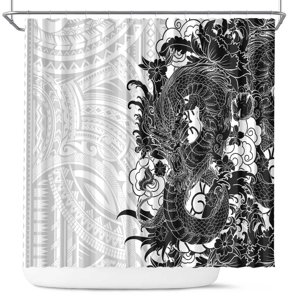 Hawaiian And Japanese Culture Shower Curtain Irezumi Dragon With Polynesian Pattern White LT05 White - Polynesian Pride