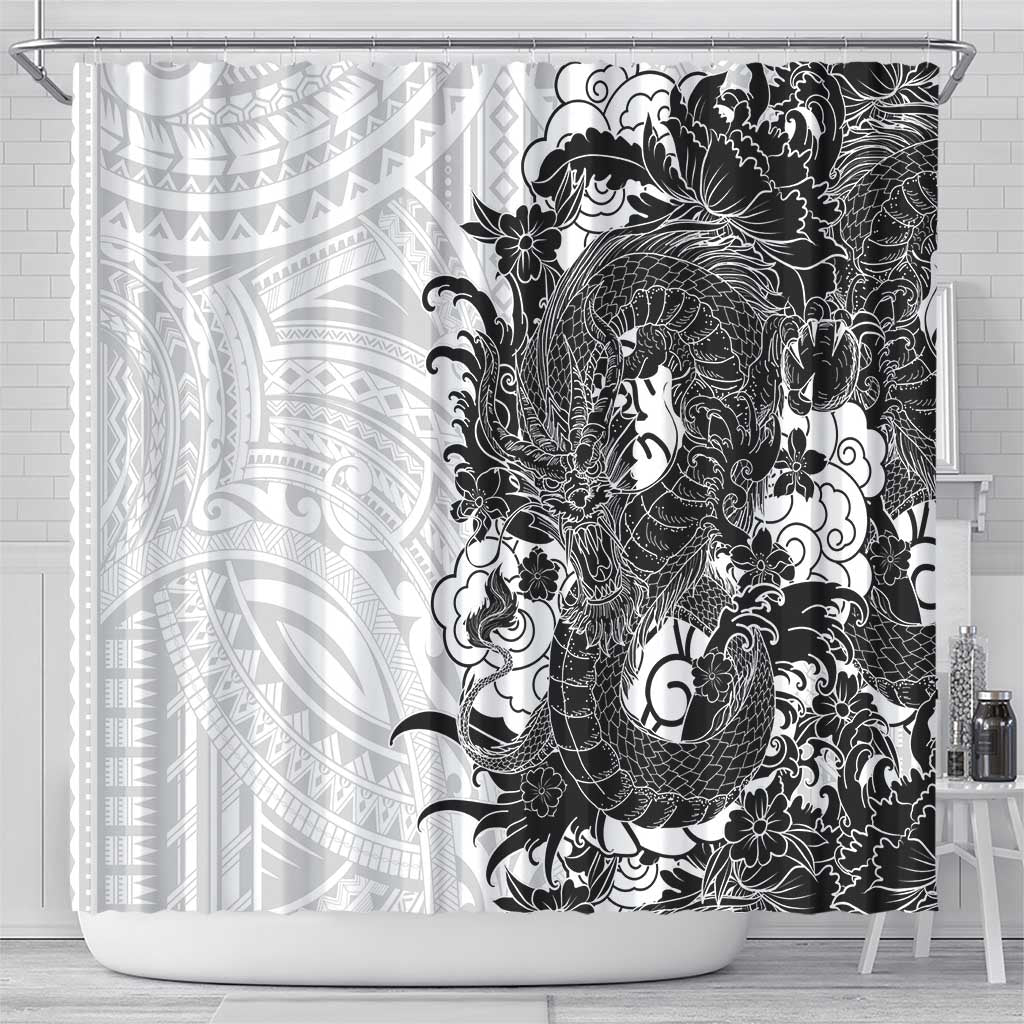 Hawaiian And Japanese Culture Shower Curtain Irezumi Dragon With Polynesian Pattern White - Polynesian Pride