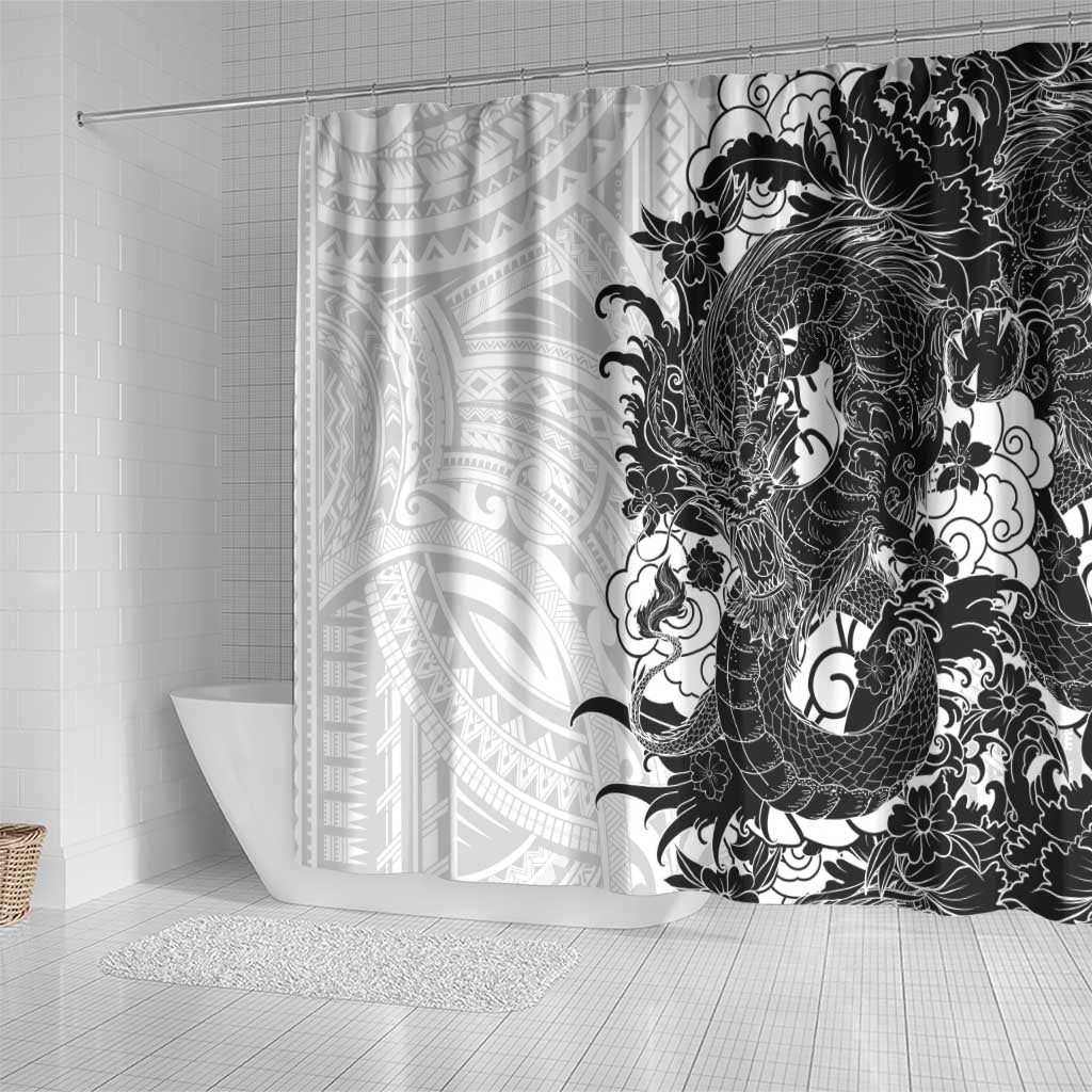 Hawaiian And Japanese Culture Shower Curtain Irezumi Dragon With Polynesian Pattern White - Polynesian Pride