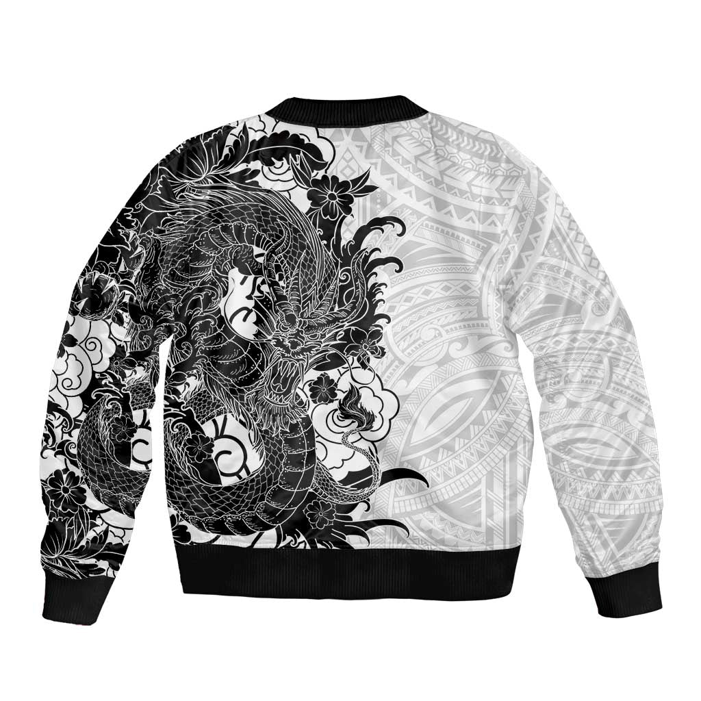 Hawaiian And Japanese Culture Sleeve Zip Bomber Jacket Irezumi Dragon With Polynesian Pattern White - Polynesian Pride