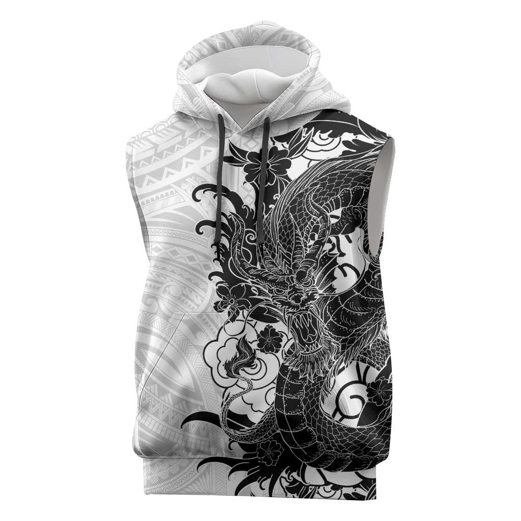 Hawaiian And Japanese Culture Sleeveless Hoodie Irezumi Dragon With Polynesian Pattern White - Polynesian Pride