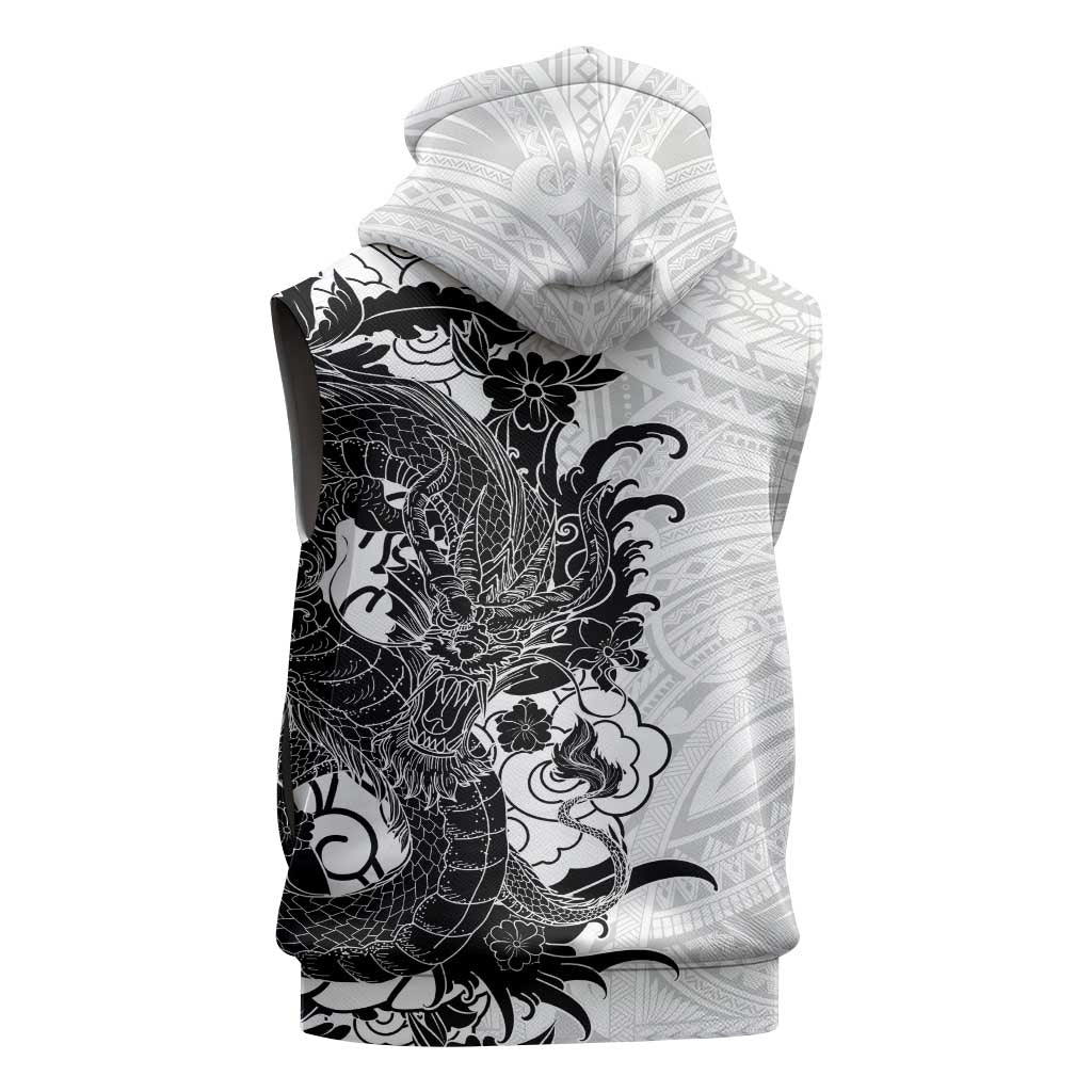 Hawaiian And Japanese Culture Sleeveless Hoodie Irezumi Dragon With Polynesian Pattern White - Polynesian Pride