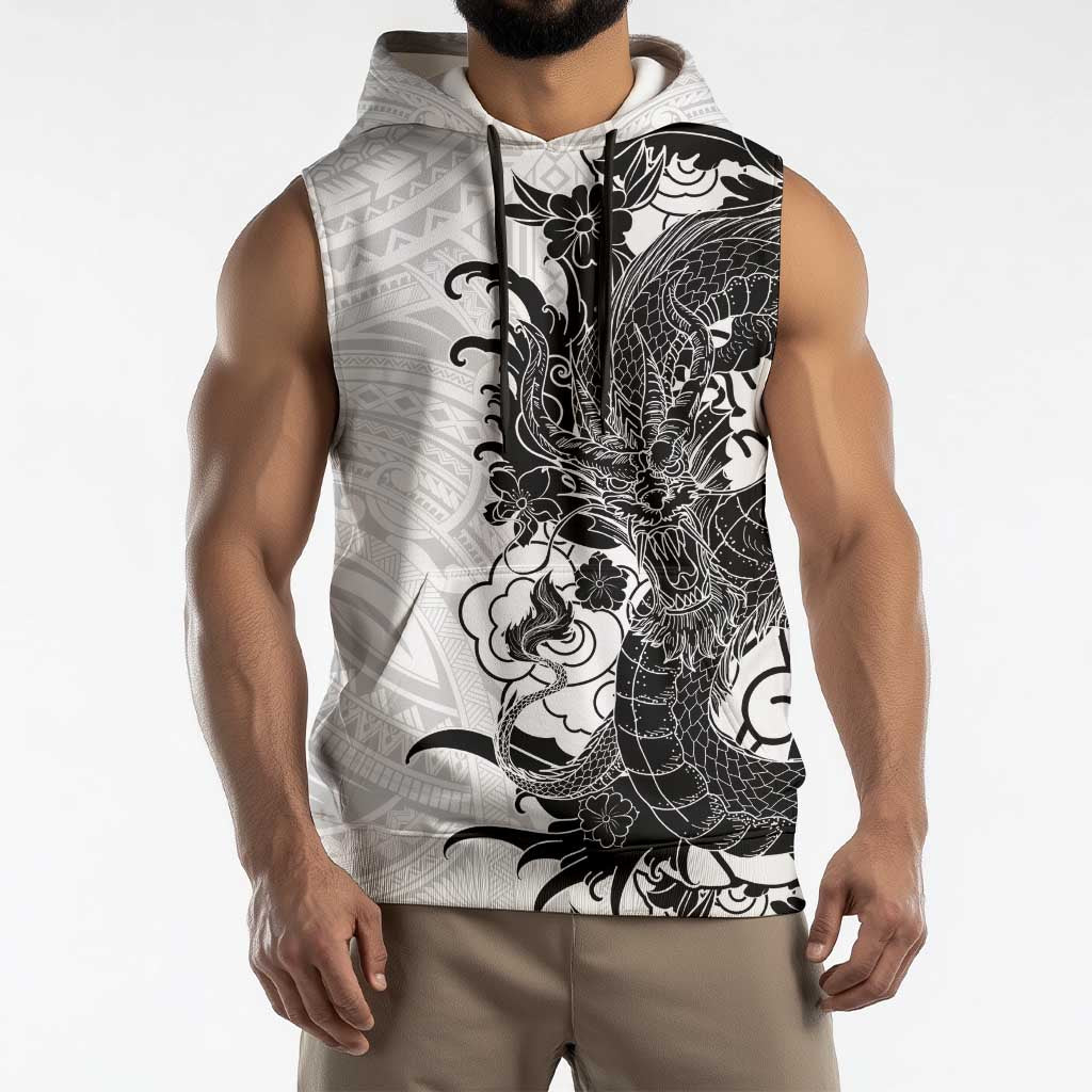 Hawaiian And Japanese Culture Sleeveless Hoodie Irezumi Dragon With Polynesian Pattern White - Polynesian Pride
